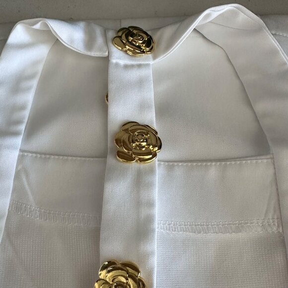 White Sleeveless Mini Dress With Gold Floral Buttons & Open Back Design - Picture 6 of 12